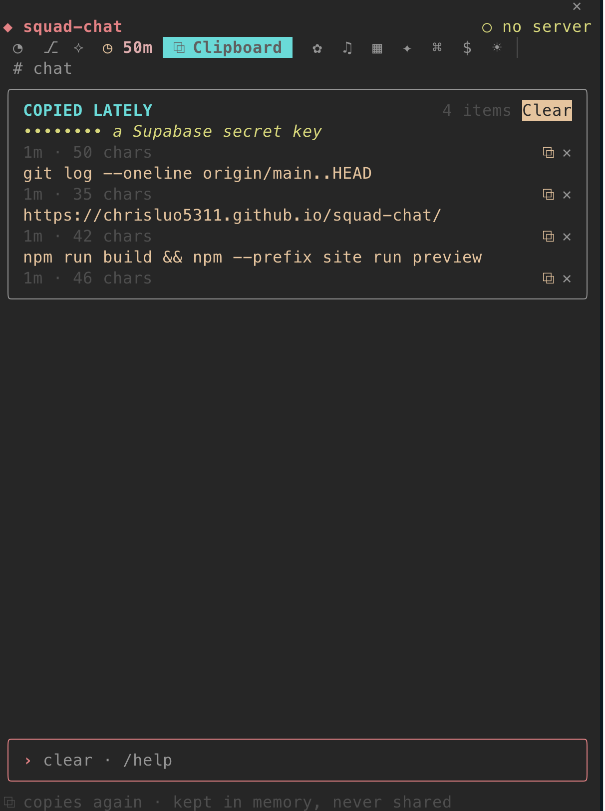 The Clipboard room: four copied items, newest first, a Supabase key among them shown masked.