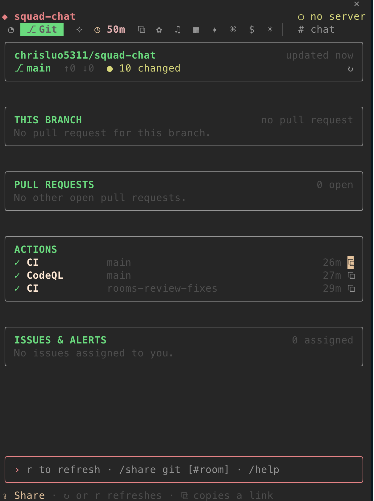 The Git room: the branch and its changes, this branch's pull request, other open pull requests, the latest Actions runs, and issues and alerts.