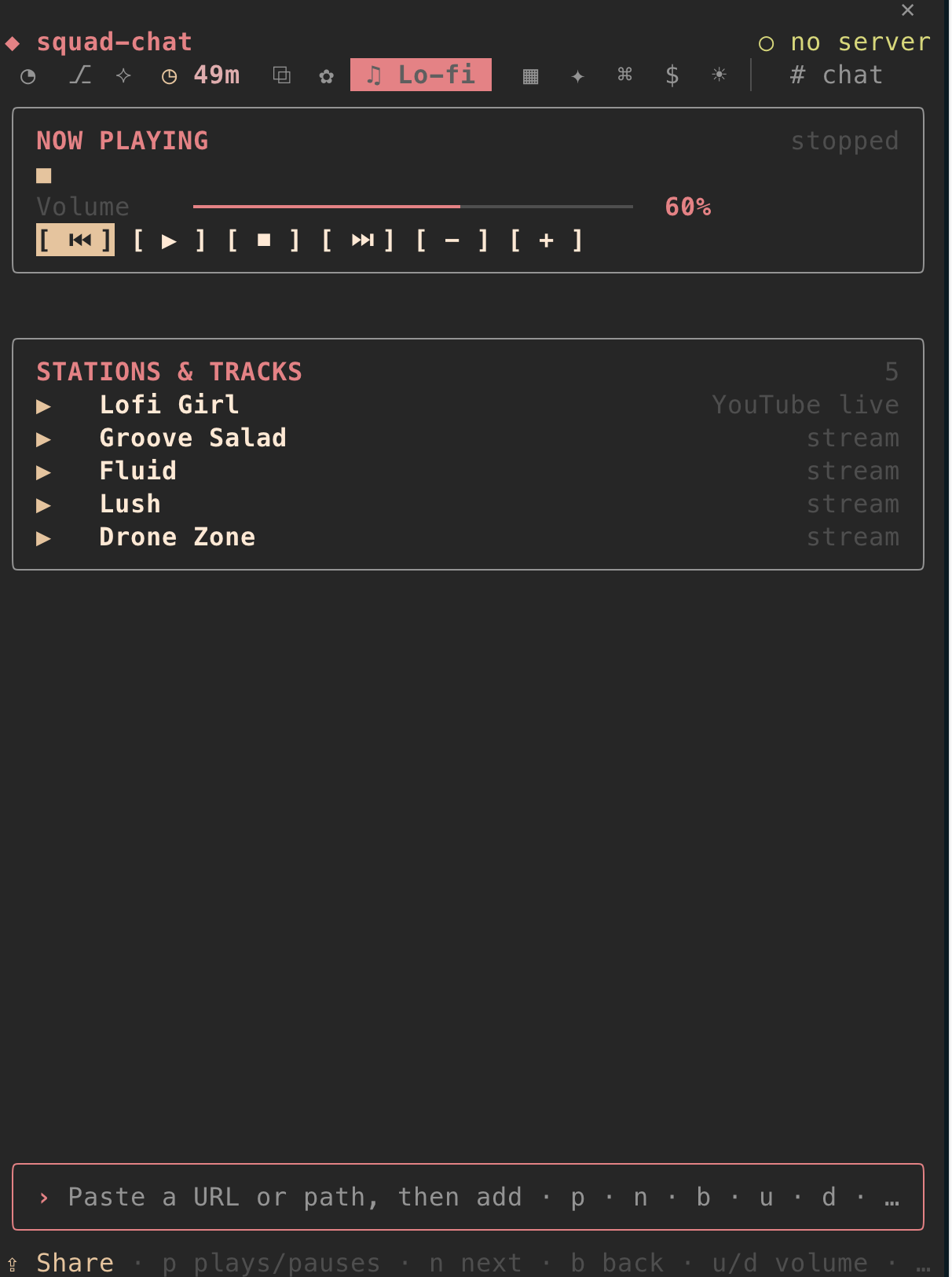The Lo-fi room: the player and its volume, and the stations.