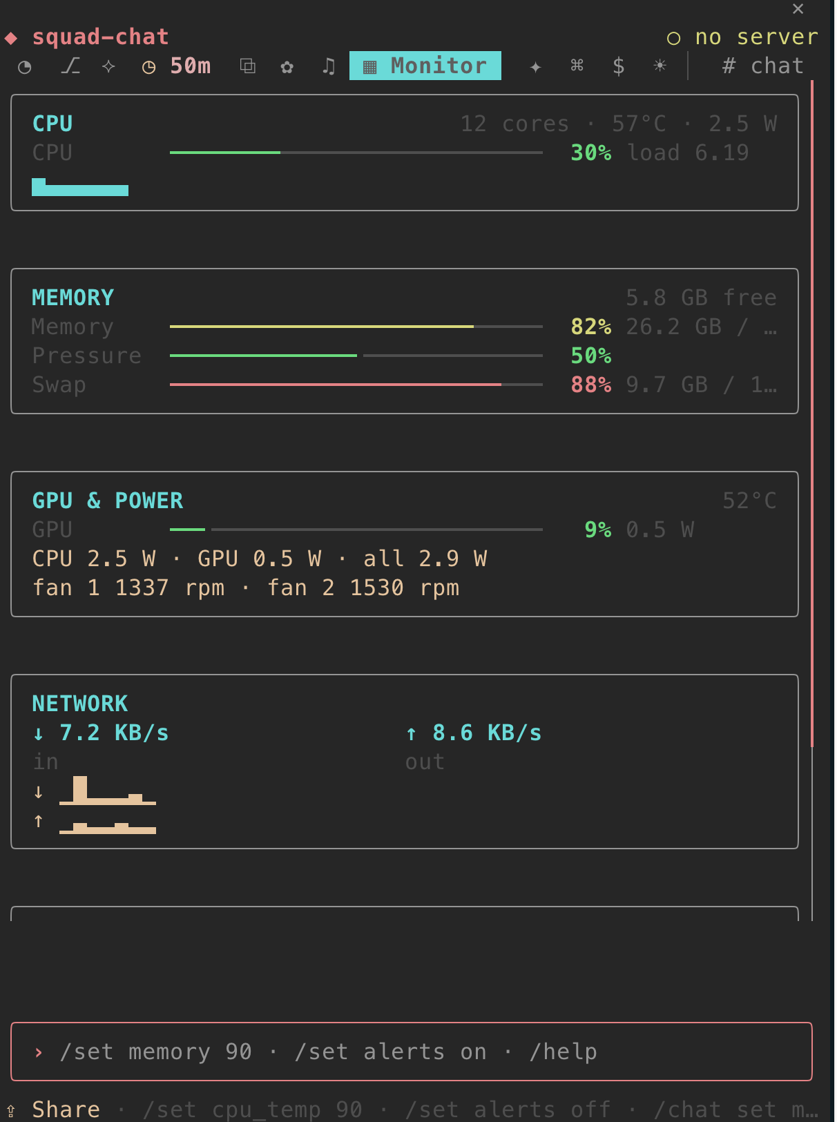 The Monitor room: CPU with load and temperature, memory and swap, GPU and power with the fans, and the network chart.