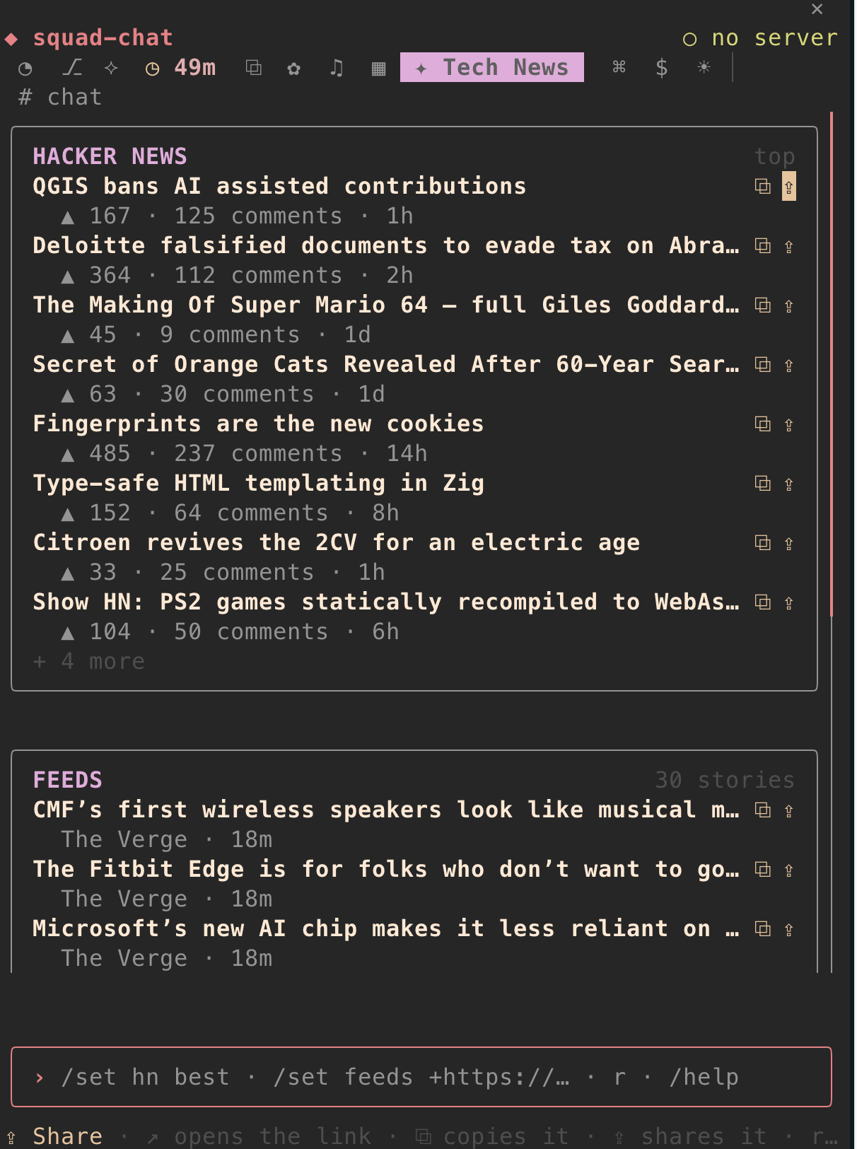 The Tech News room: Hacker News stories with their scores and comments, then the feeds.