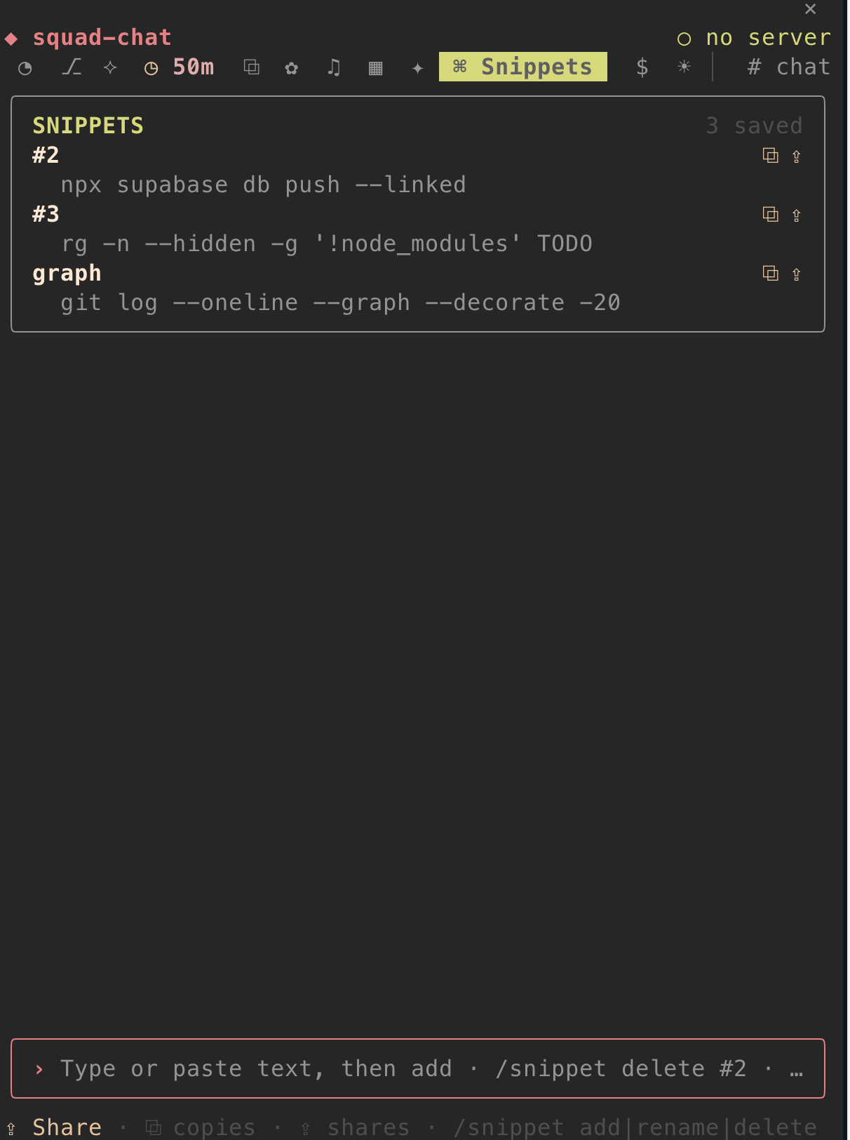 The Snippets room: three saved snippets, each with copy and share.