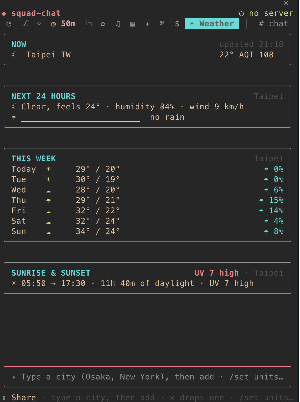 The Weather room: Taipei now, the next 24 hours, this week and sunrise and sunset.